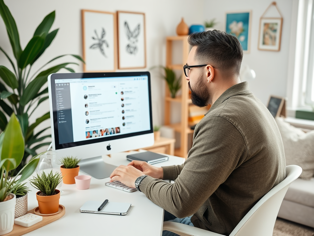 A man working at a desk with a computer, surrounded by plants and a cozy interior.