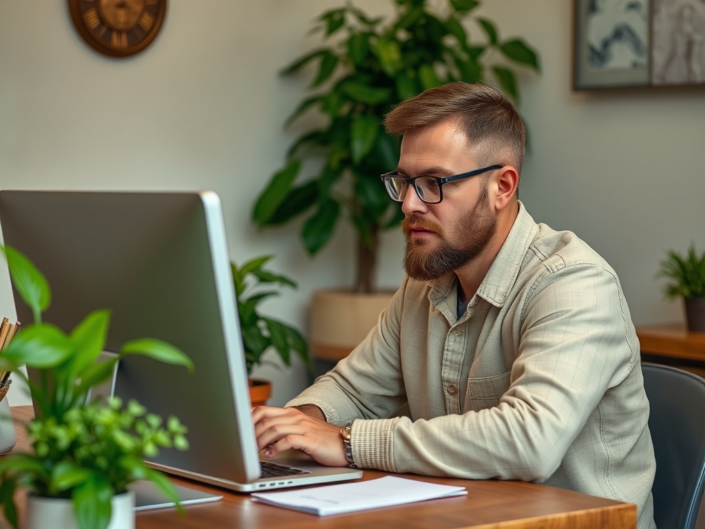 A focused man with glasses works on a computer at a desk surrounded by plants in a cozy office setting.