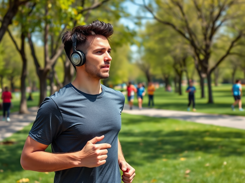 A young man in headphones jogs in a park, with other people running on walking paths surrounded by trees.