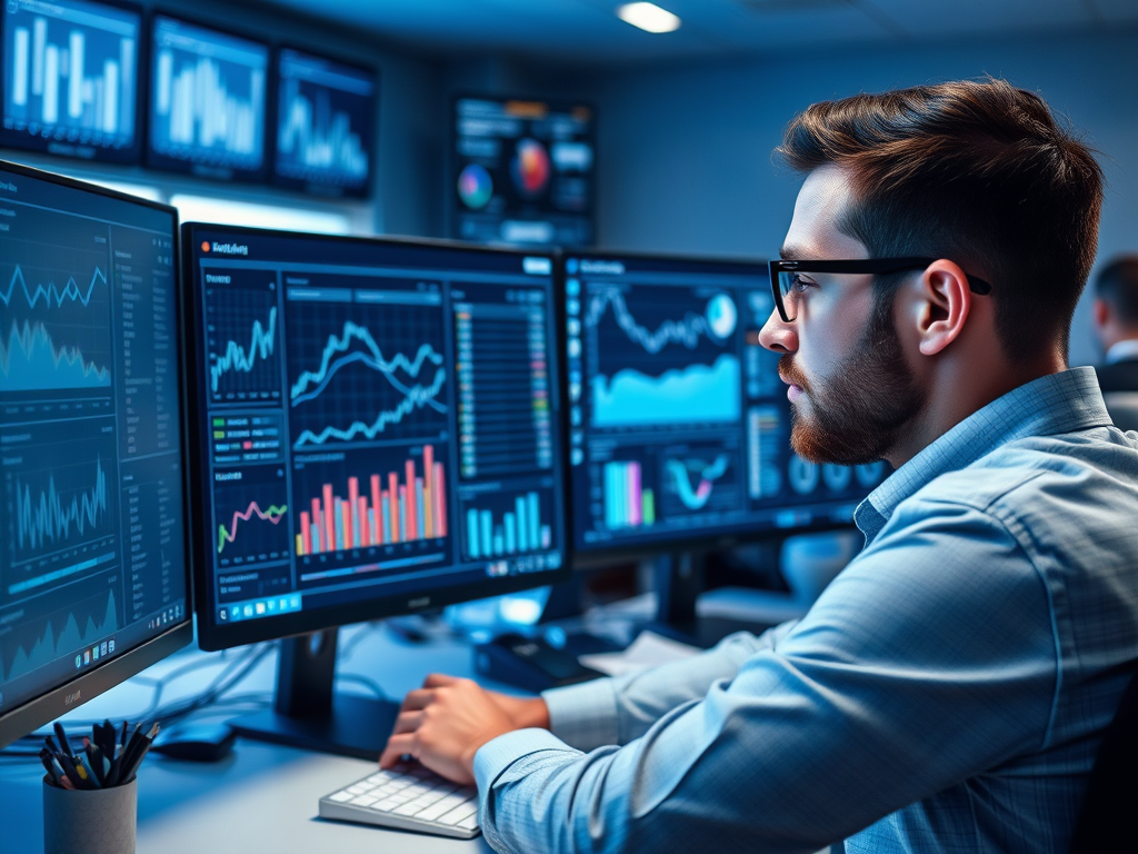 A focused young man analyzes data on multiple screens in a modern office environment filled with charts and graphs.