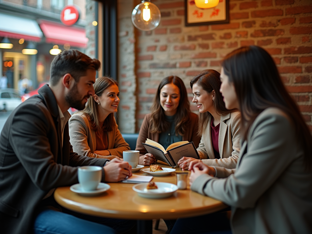 A group of five friends enjoying coffee and discussing a book in a cozy café setting.