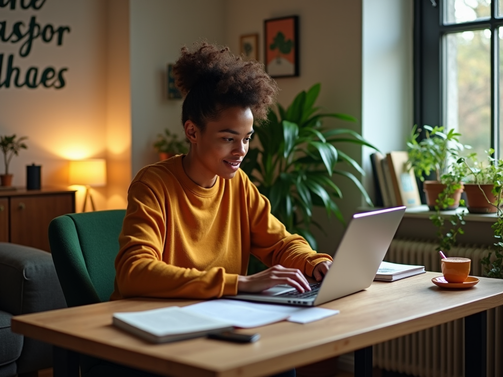 Young woman studying on laptop in cozy home office surrounded by plants.