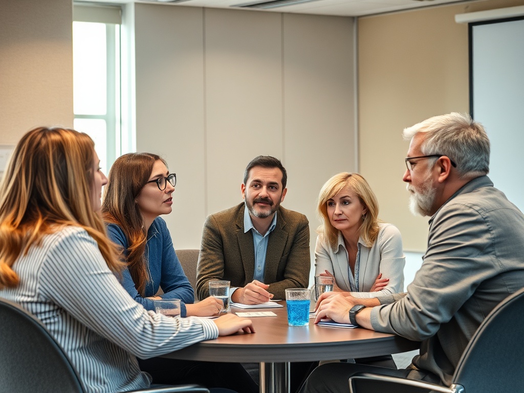 Five professionals engaged in a discussion around a table in a modern office setting.