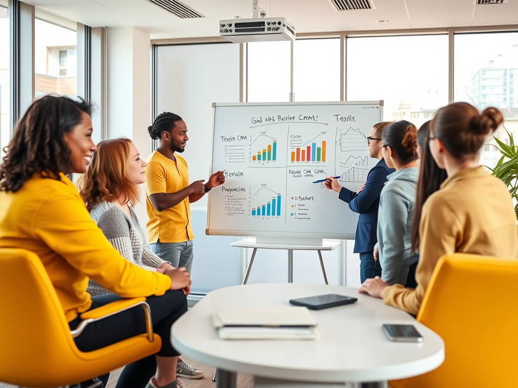 A diverse team discusses graphs and charts during a meeting in a modern office, focusing on project results.