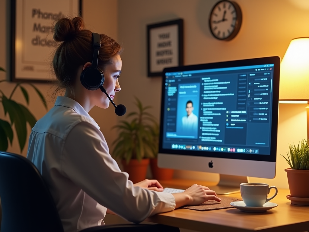 Woman with headset working at night on multiple computer screens, office setting.