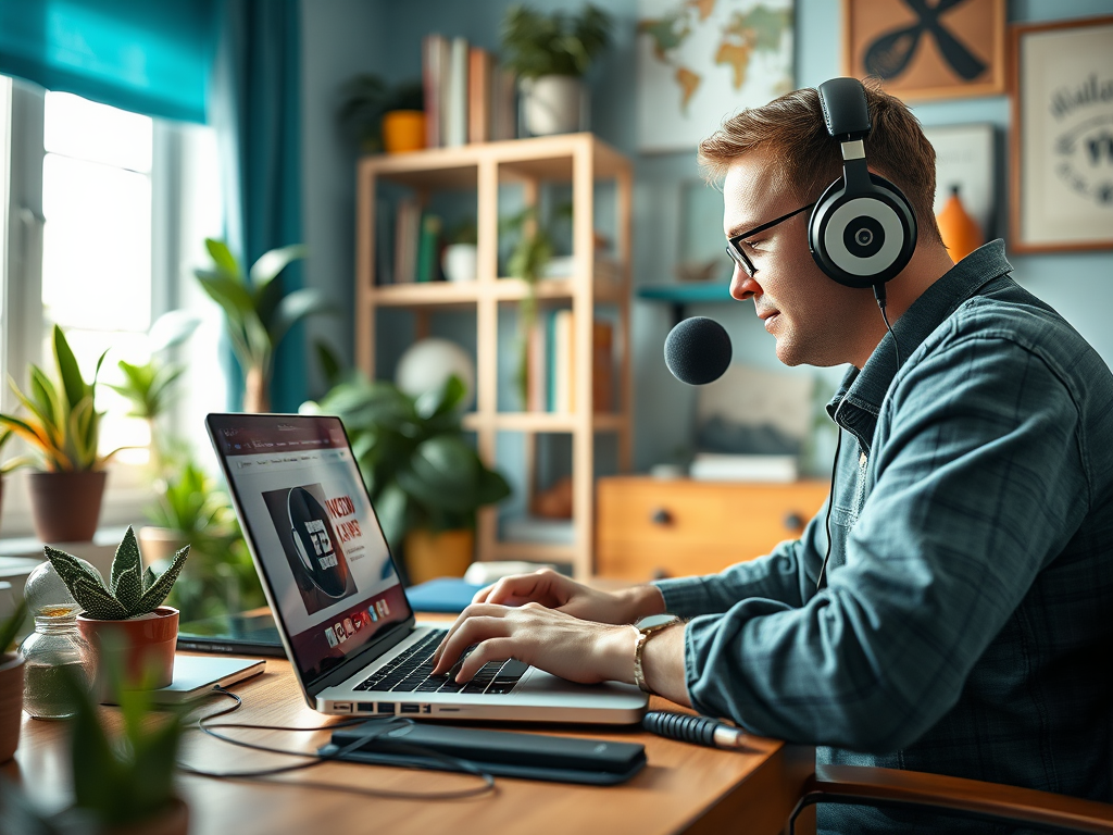 A man wearing headphones and a microphone is engaged in work on his laptop in a cozy, plant-filled workspace.