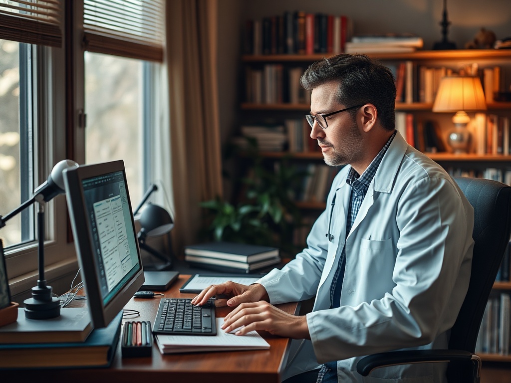 A doctor in a lab coat sits at a desk, working on a computer with bookshelves in the background.