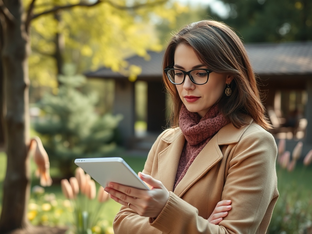 A woman in a tan coat and glasses is attentively looking at a tablet in a park during autumn.