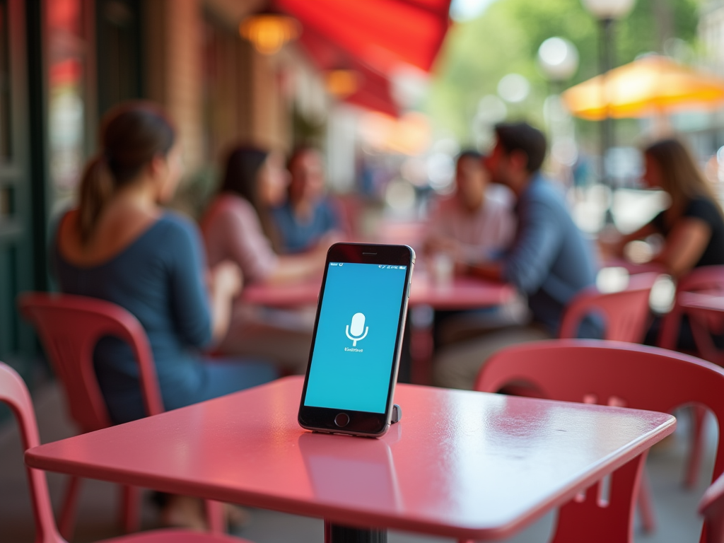 Smartphone with microphone icon on screen on a cafe table, with blurred people in background.