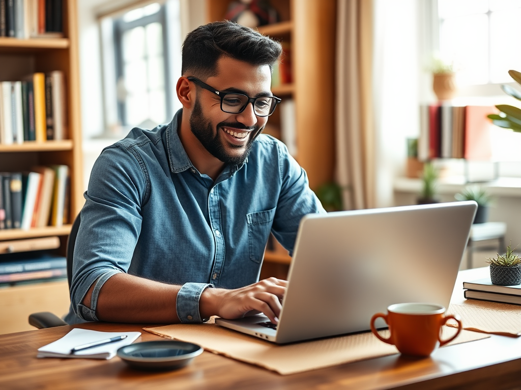 A man in a blue shirt smiles while typing on a laptop at a wooden desk with notebooks and a coffee cup nearby.