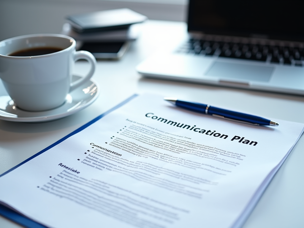 A workspace featuring a coffee cup, a communication plan document, and a laptop with a pen nearby.