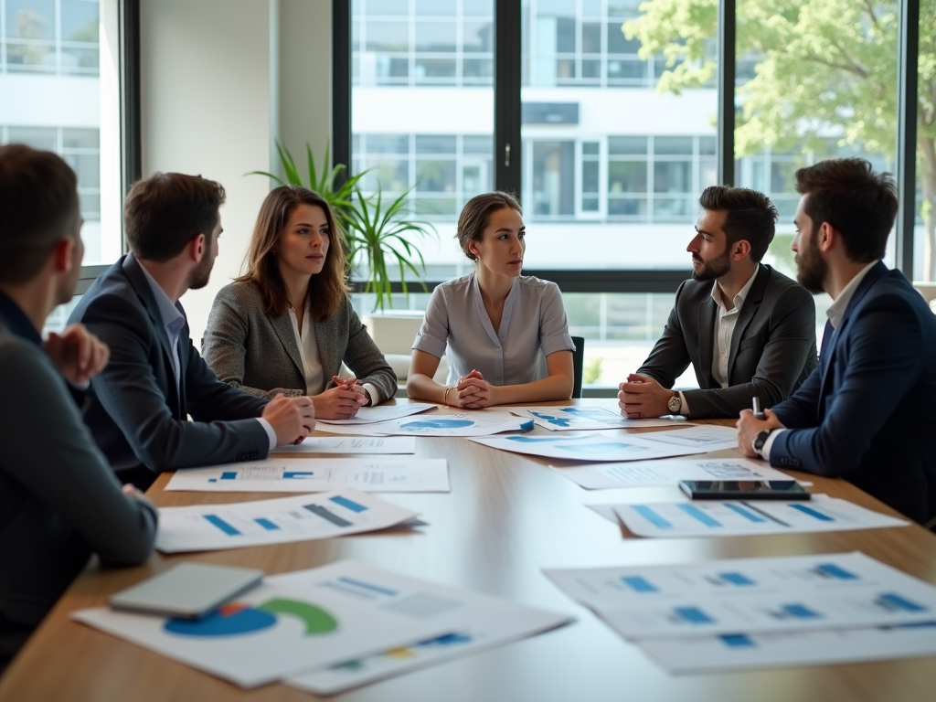 Five professionals discussing charts at a boardroom table, in a modern office setting.