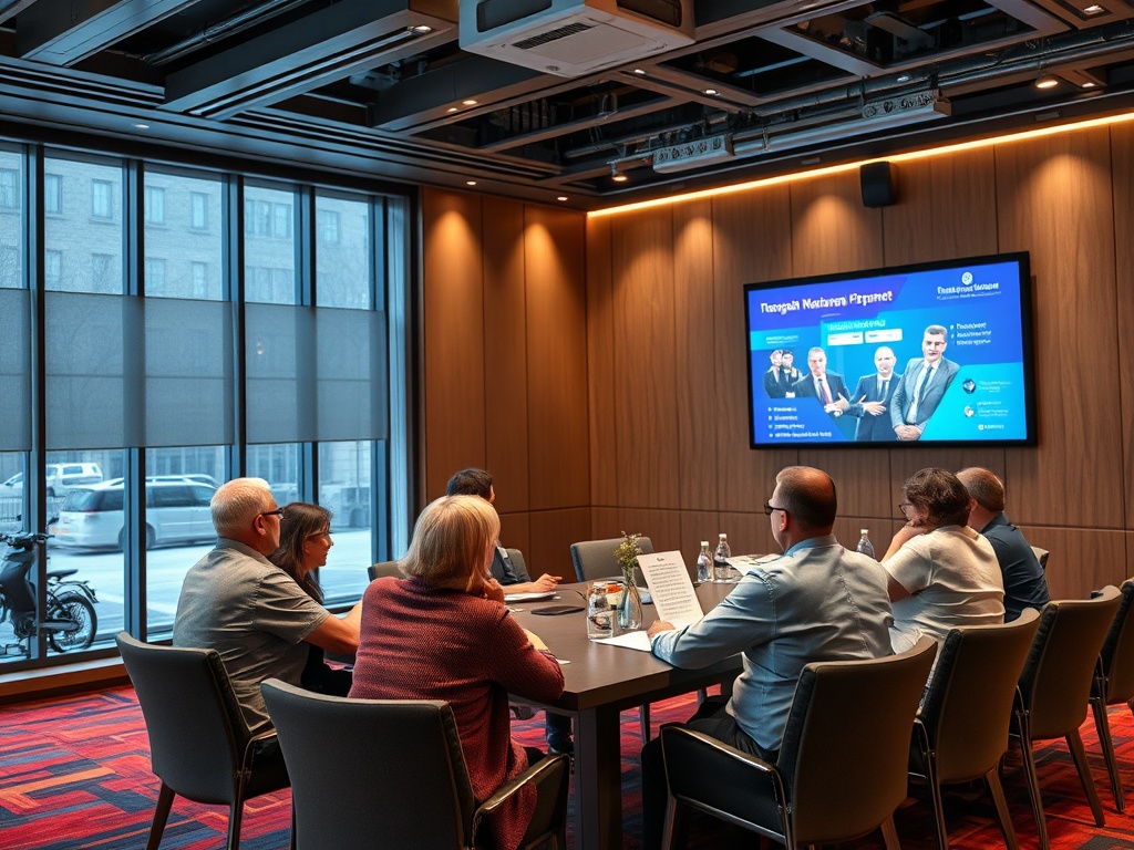 A group of people discusses a presentation in a modern conference room with large windows.