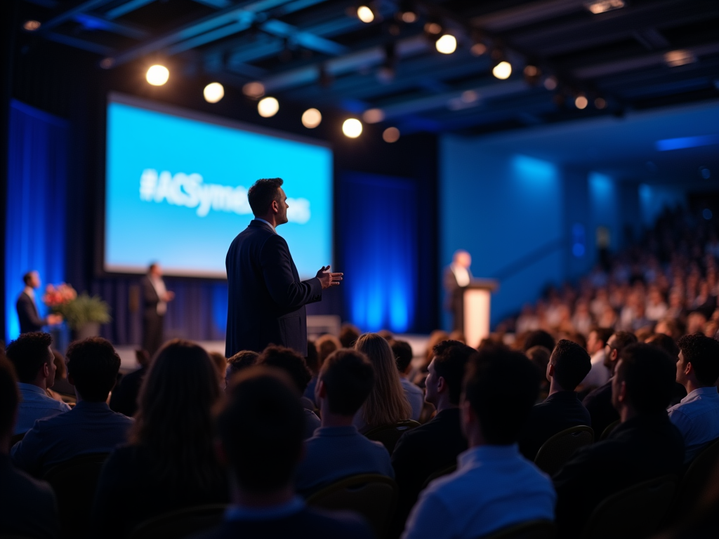 Man speaking at a conference, audience listening intently, stage with "#ACSymposium2023" on screen.