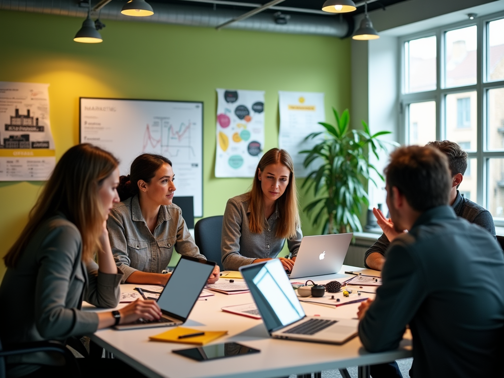 Five professionals in a meeting with laptops and charts in a well-lit office.