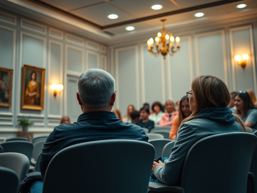 A group of people sitting in an elegant room, some facing forward, with paintings and chandeliers in the background.