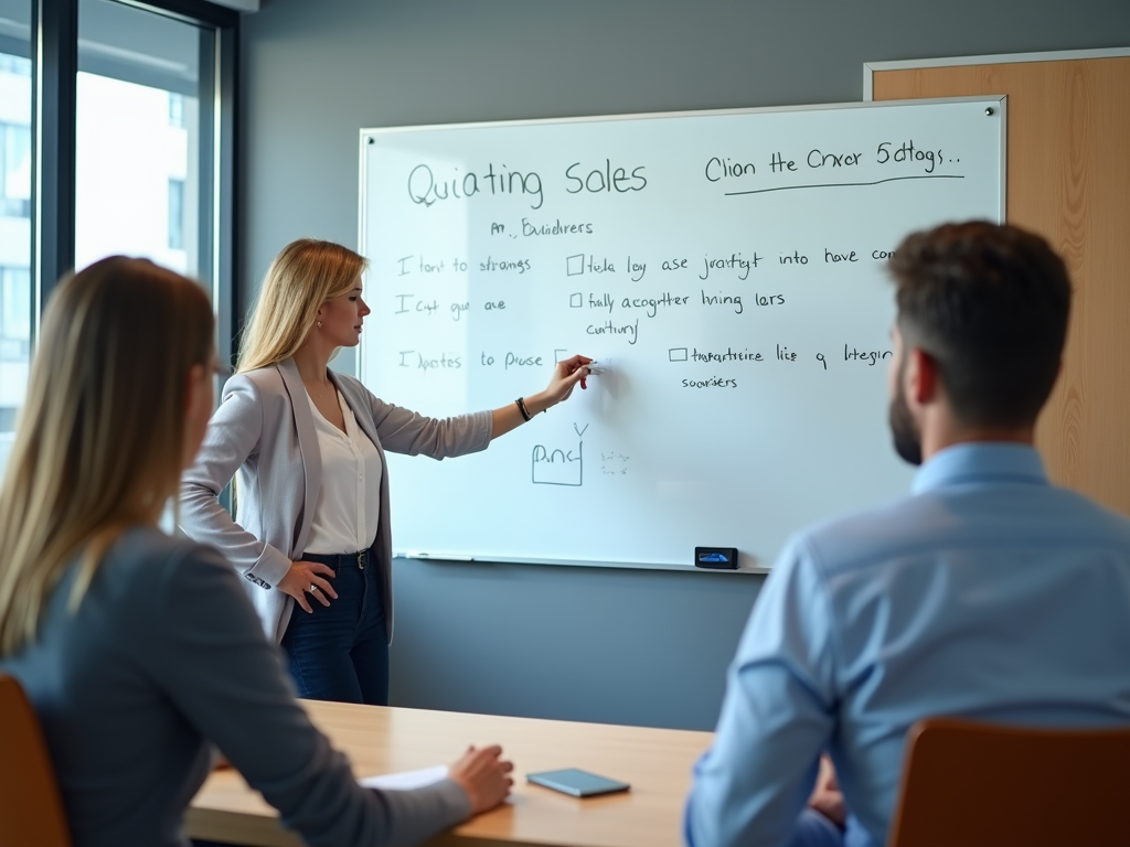 Businesswoman presenting at a whiteboard in a meeting with three colleagues.