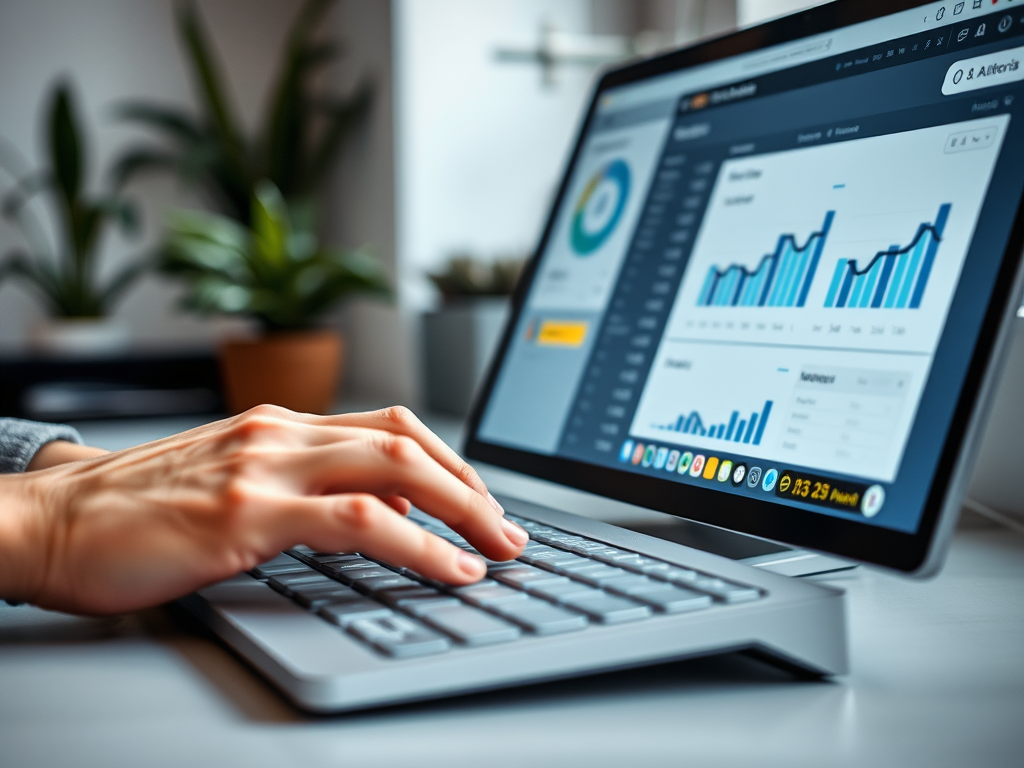 A hand typing on a laptop keyboard, displaying graphs and charts on the screen, with plants in the background.