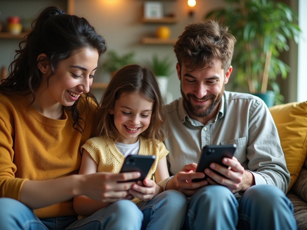 Family with a young child enjoying time together while looking at a smartphone in a cozy living room.