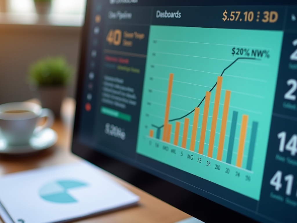 Computer screen showing financial dashboard with rising graph, next to a cup of coffee on desk.