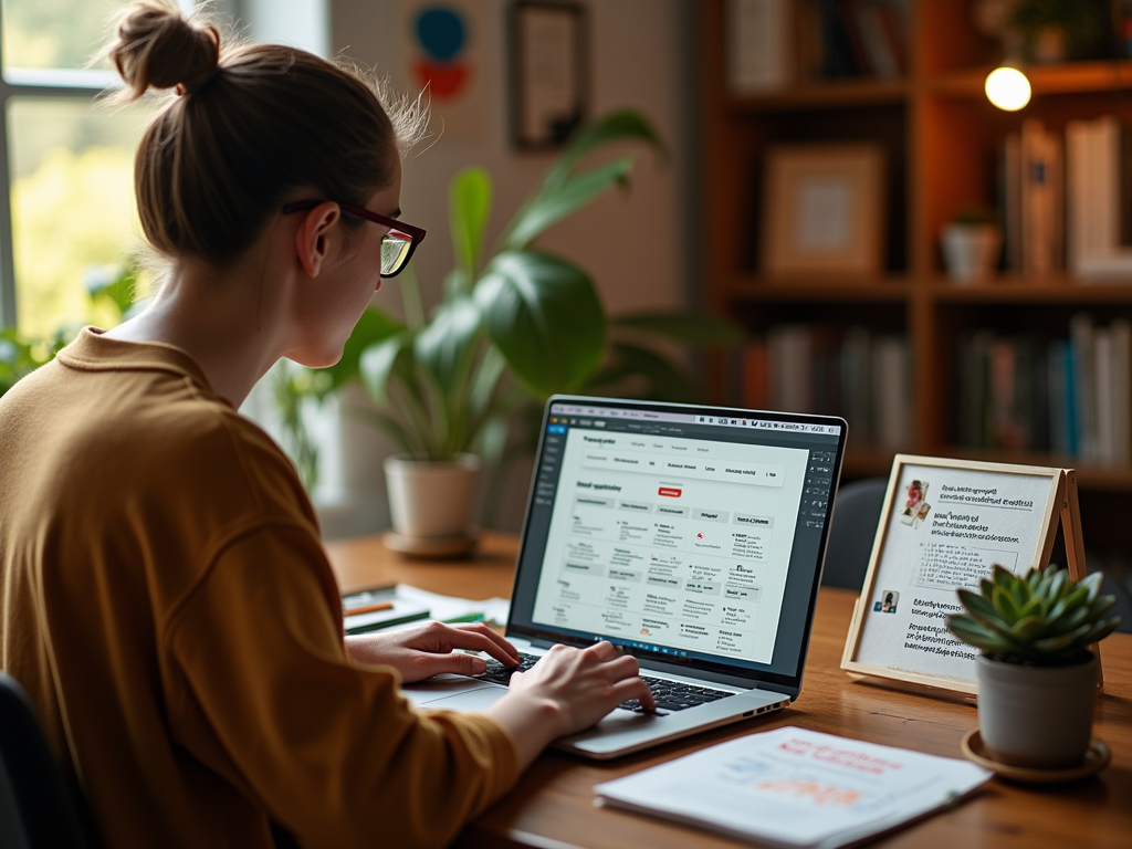 A woman in a brown sweater works on a laptop at a wooden desk, surrounded by plants and books.