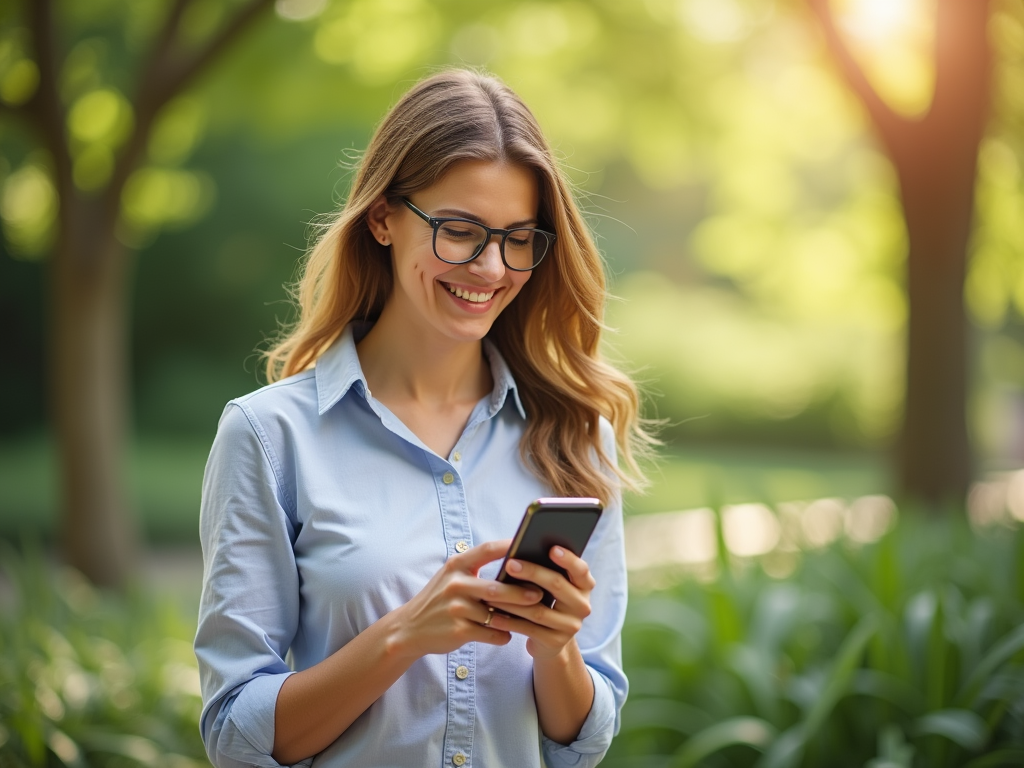 Smiling woman in glasses using smartphone in sunlit park.