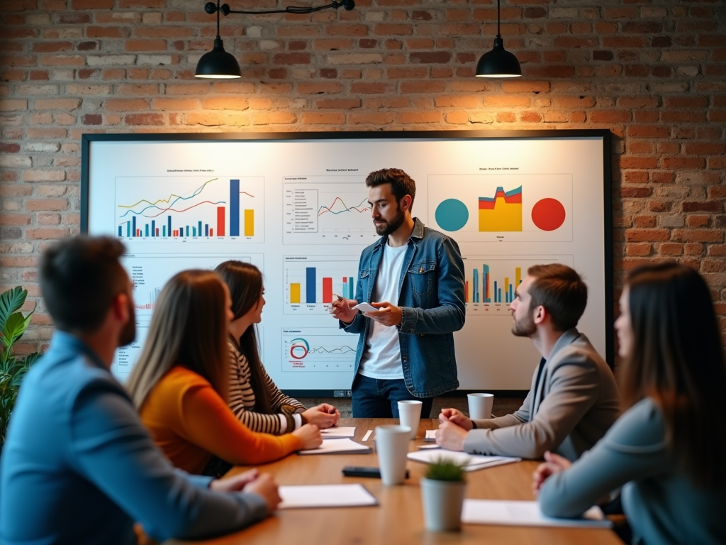 Man presenting data on charts to a group of attentive colleagues in a modern office setting.