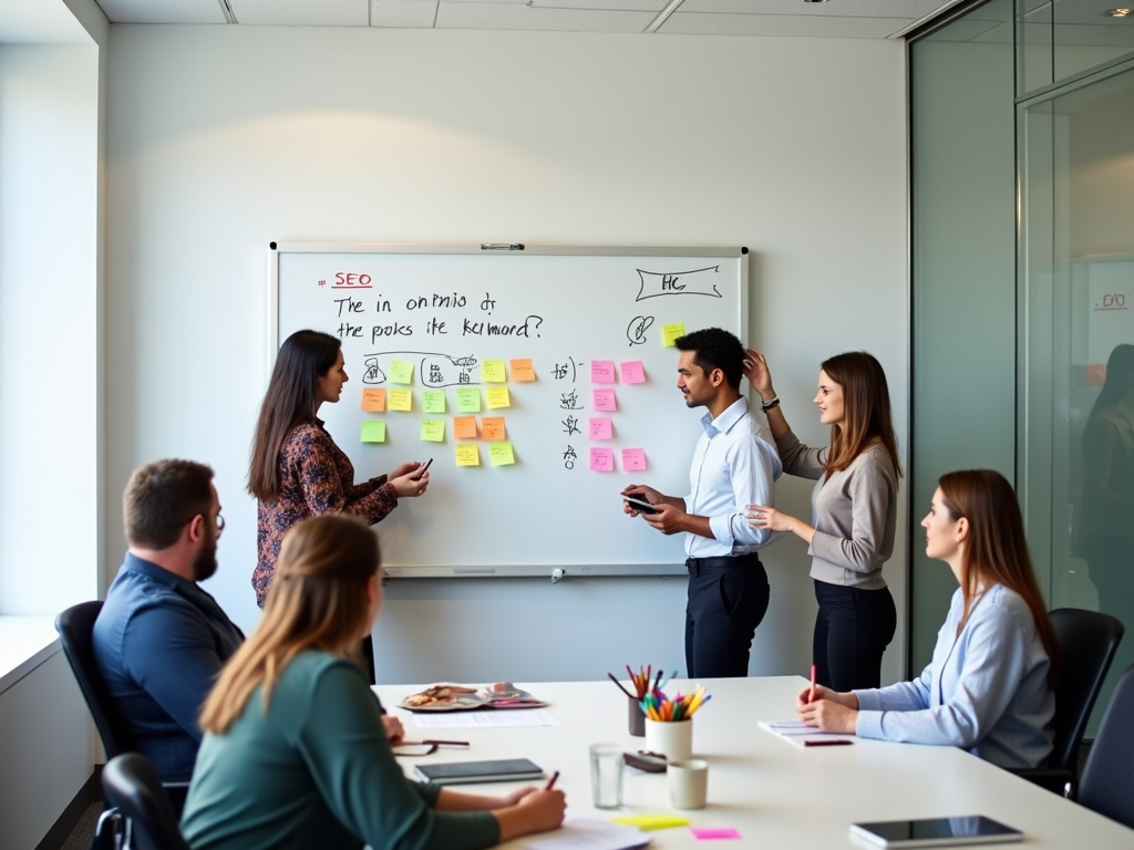 Professionals engaged in a lively discussion around a whiteboard with sticky notes in a modern office.