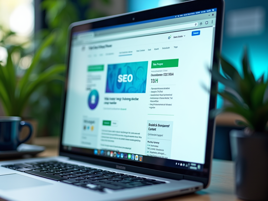 Laptop on desk displaying SEO page with charts and statistics, flanked by a coffee cup and a plant.