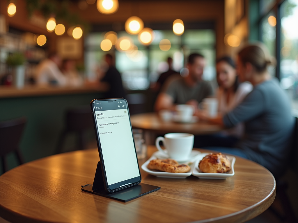 A phone on a stand next to coffee and pastries, with blurred people chatting in a cozy cafe setting.