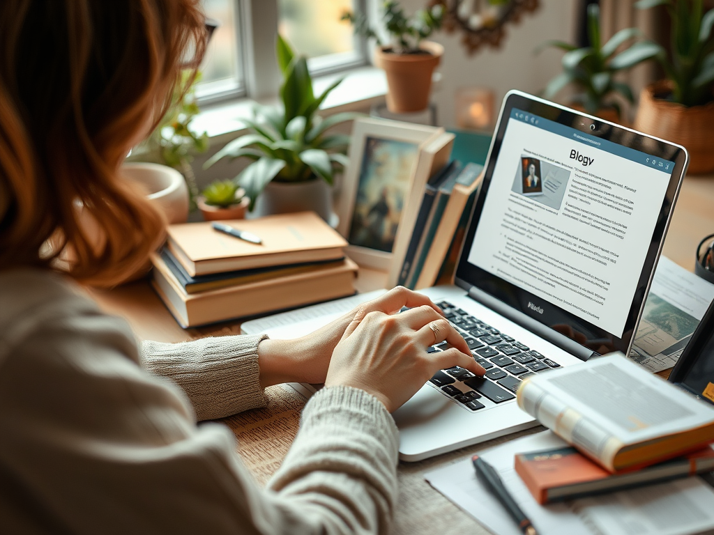 A person types on a laptop surrounded by books and plants, with a blog page visible on the screen.