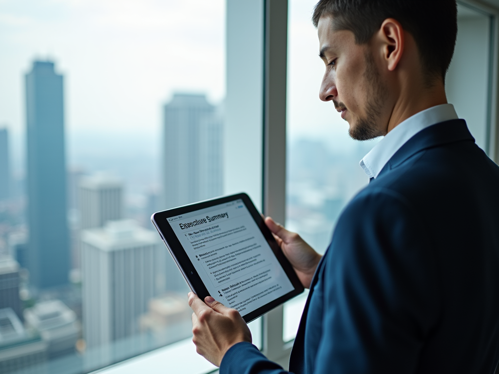 A businessman in a suit reviews an executive summary on a tablet, with a city skyline visible through the window.