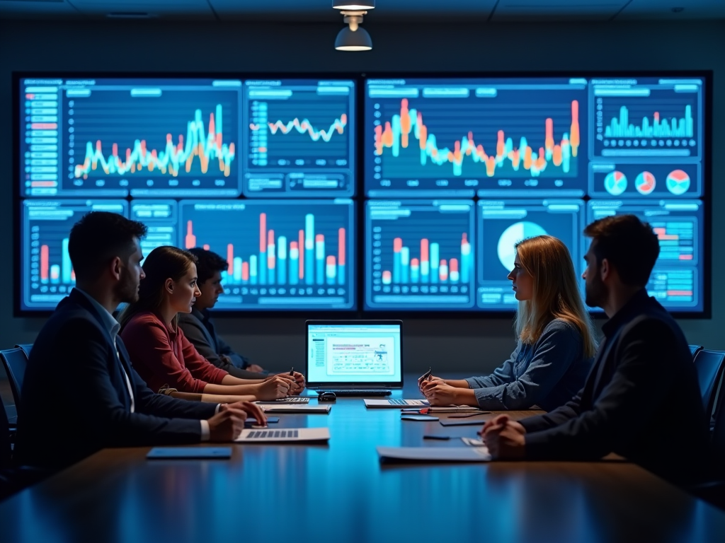 Four professionals analyzing data on multiple screens in a dimly lit control room.