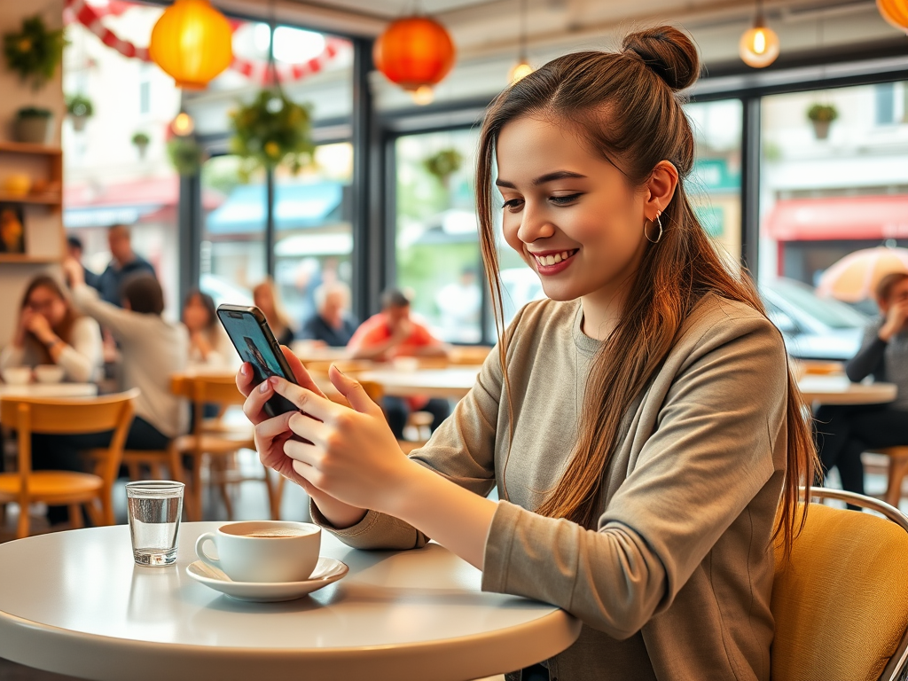 A young woman smiles while using her phone at a café, with a coffee cup and water glass on the table.