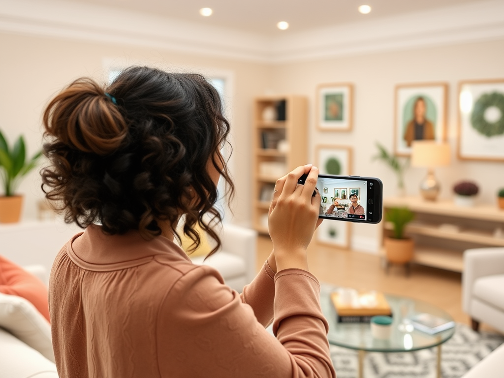 A woman with curly hair takes a selfie in a cozy, well-decorated living room.