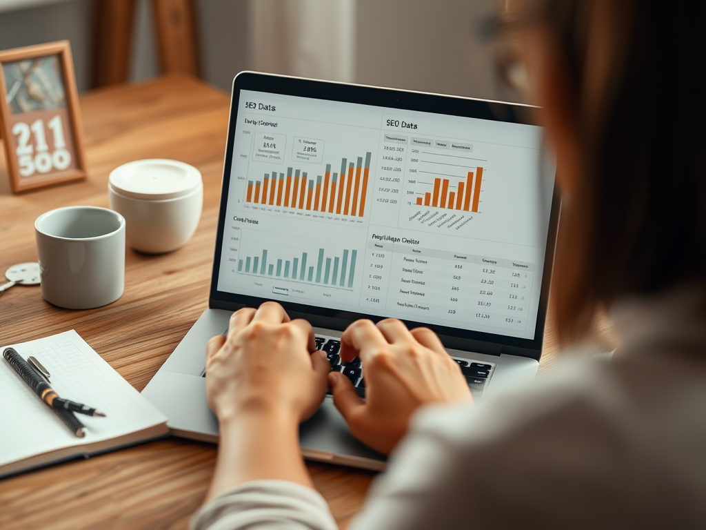 A person analyzing SEO data on a laptop, with charts and graphs displayed on the screen. A coffee cup is nearby.