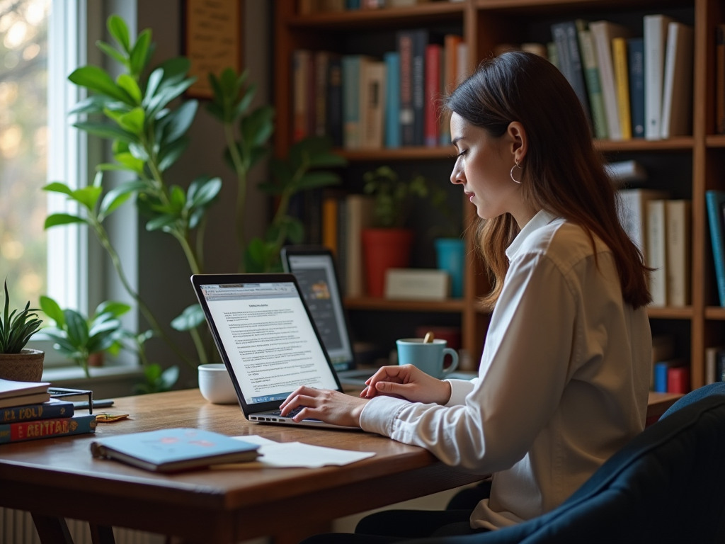 Woman working on laptop in a cozy, book-lined home office with plants and a cup of coffee.