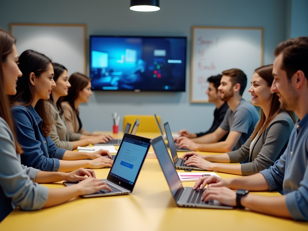 A group of young adults work on laptops at a long table, engaged in a collaborative meeting.