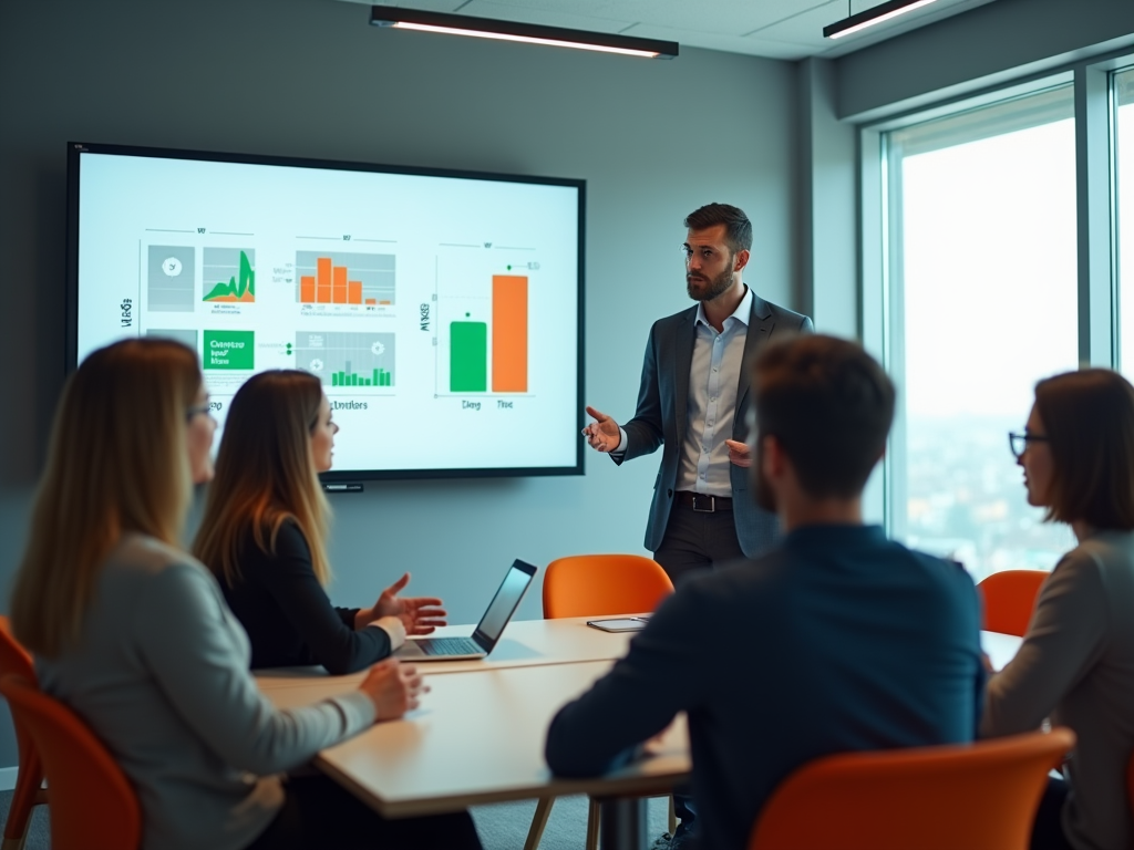 Businessman presenting data charts on a screen to colleagues in a modern office meeting room.