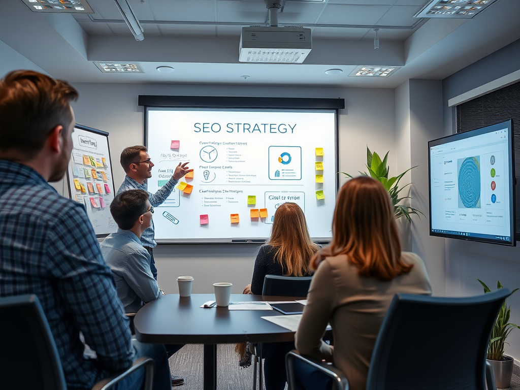 A team discusses an SEO strategy in a meeting room, with notes and a presentation displayed.