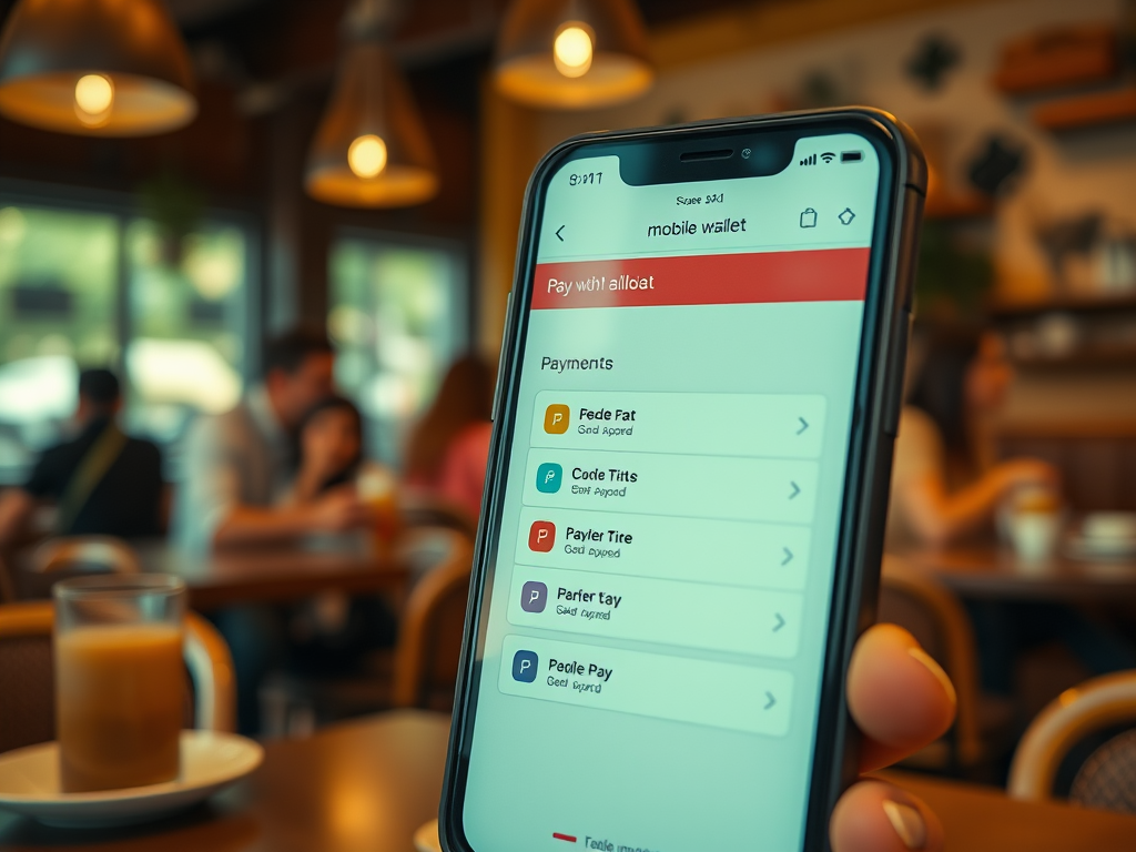 A person holds a smartphone displaying a mobile wallet app for making payments in a café setting.