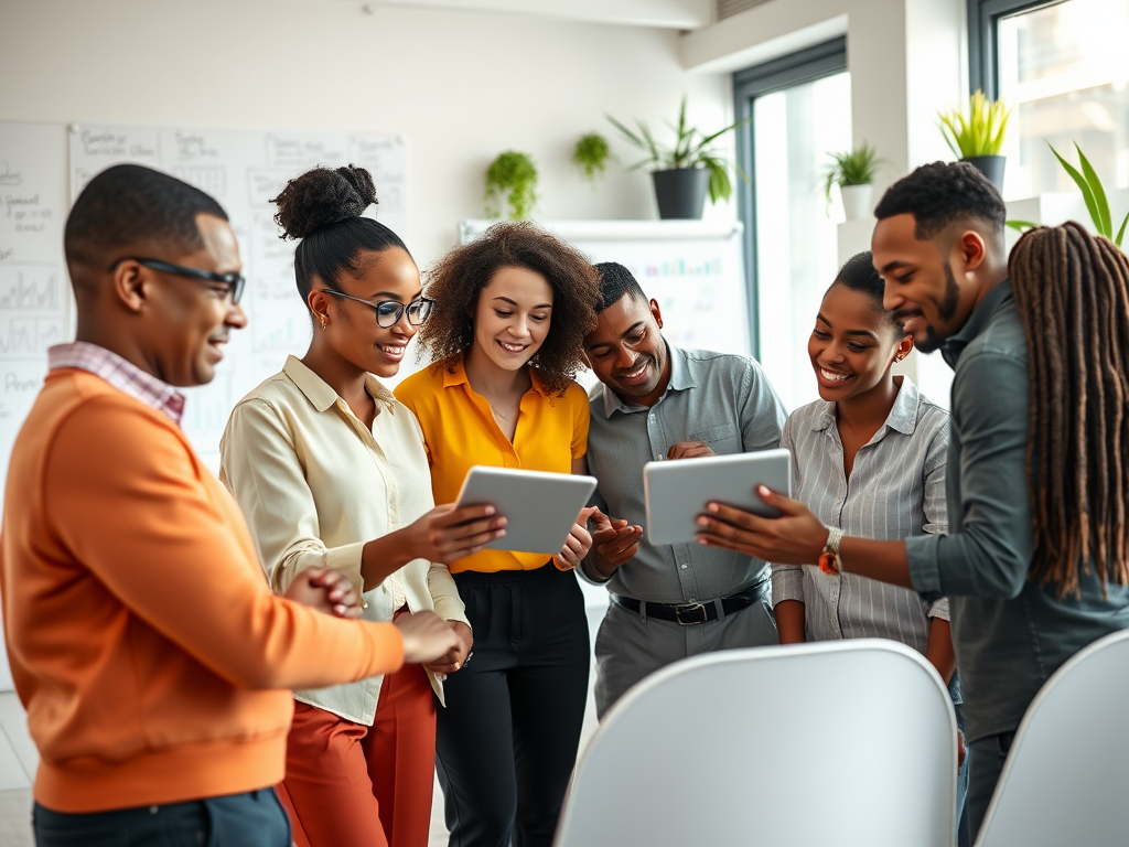 A group of six people in a modern office share smiles while discussing something on their tablets and devices.