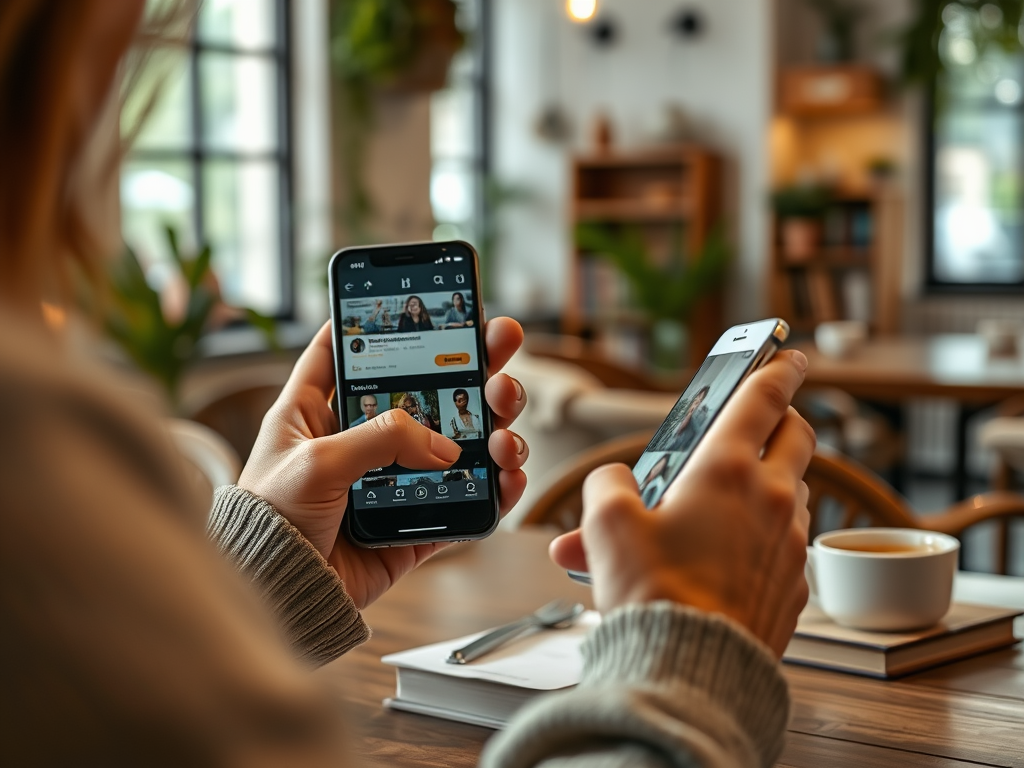 A person holds two smartphones in a cozy café, using one for social media and the other for video calls.