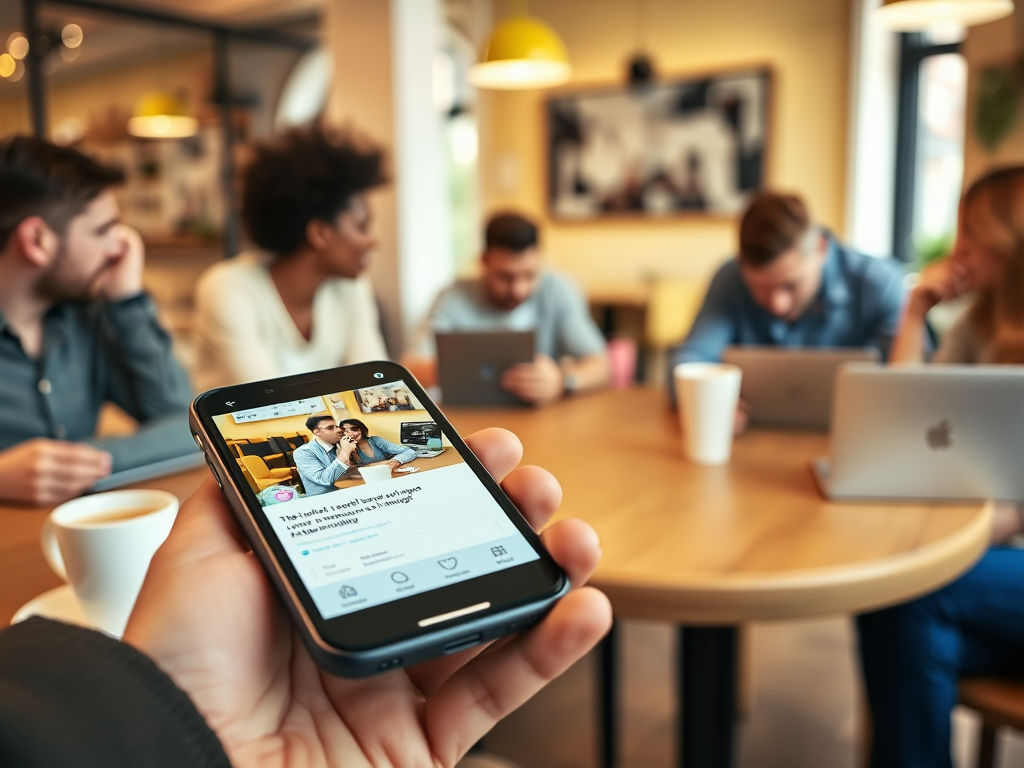 A person holding a smartphone displays a photo of a couple in a cafe, with others engaged on devices in the background.