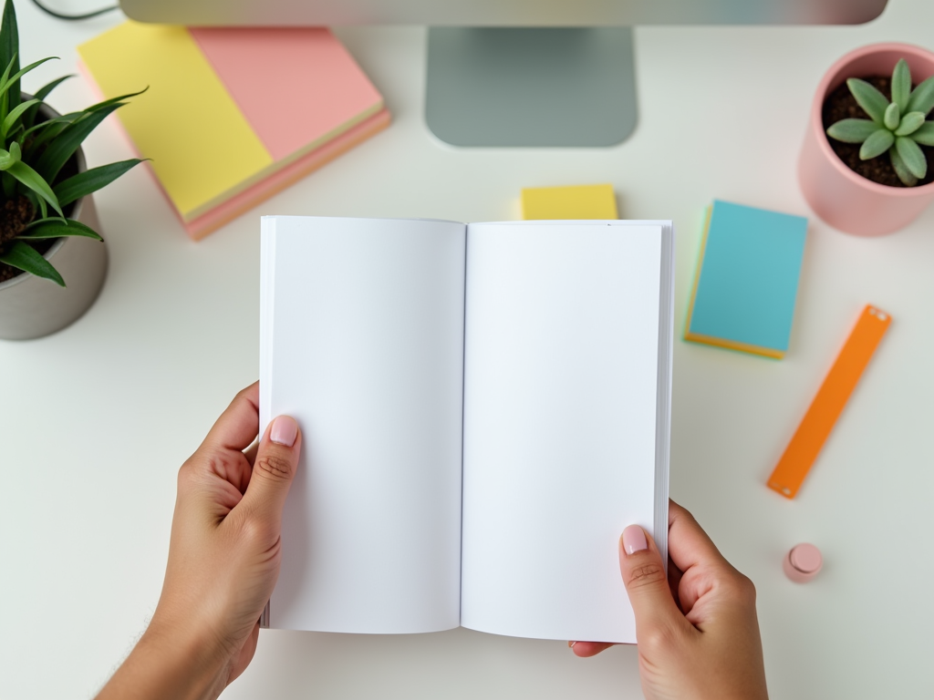 A person holds an open blank notebook, surrounded by colorful sticky notes and plants on a desk.