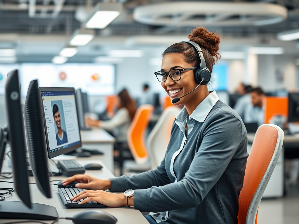 A young woman wearing a headset smiles while working at her computer in a busy call center environment.