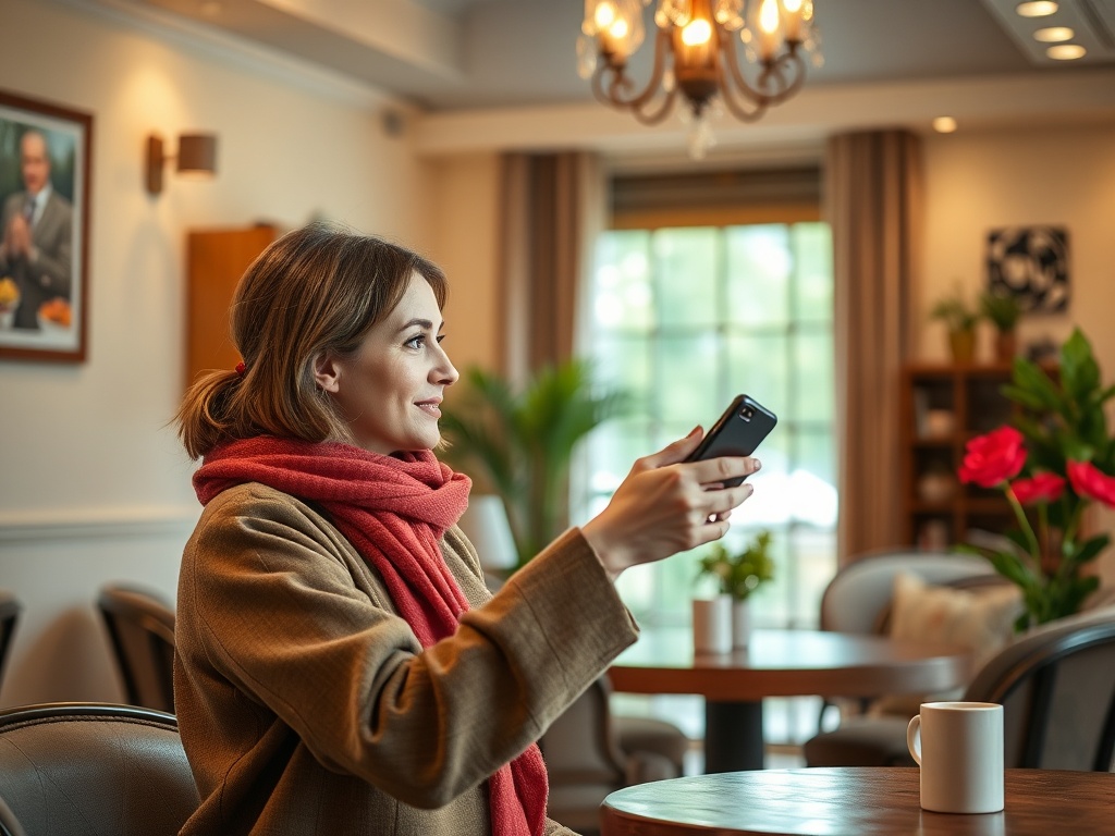 A woman in a cozy cafe, smiling while holding a smartphone, wearing a scarf and sitting near a table with plants.