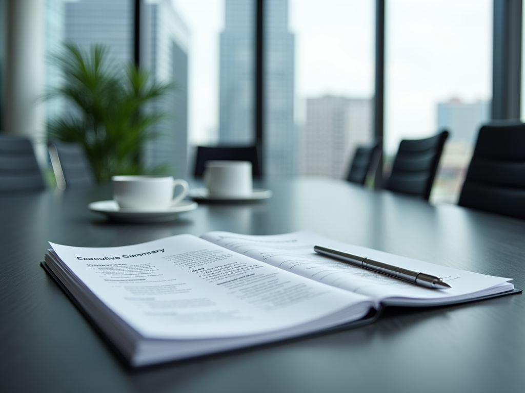 A meeting room table with an open booklet titled "Executive Summary," a pen, and two cups on saucers.