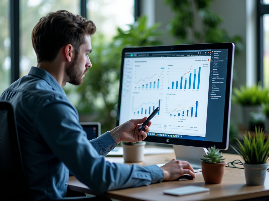 Man analyzes financial data on computer screen with pen in office.