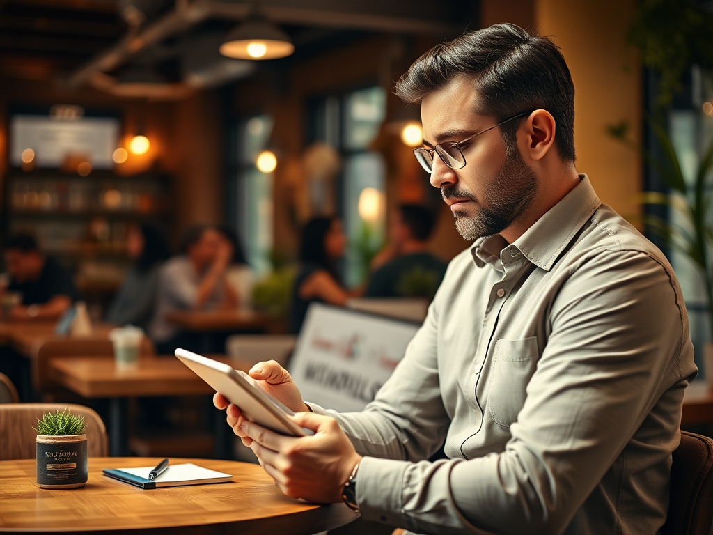 A man in glasses sits in a café, focused on a tablet, with a plant and notepad on the table. Background is blurred.